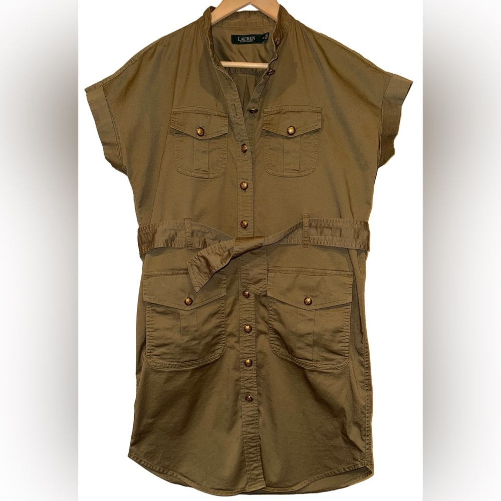 Lauren Ralph Lauren Olive Green Button Up Safari Utility Belted Shirtdress Sz 2P